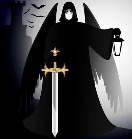 a dark gothic angel - black knight with a sword and a lantern in his handのイラスト素材