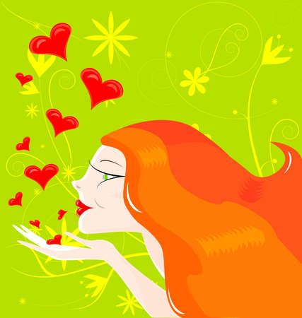 on an abstract green background red-haired girl sends kissesのイラスト素材