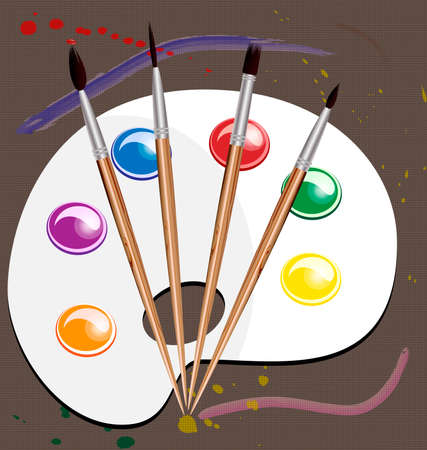 four brushes and a palette with paint on the background of painted canvasのイラスト素材