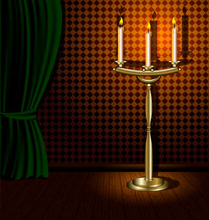 a darkened room with a green awning on the wooden floor is a large chandelier a with three candlesのイラスト素材