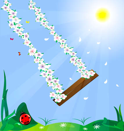 in the sun and blue sky swing woven from flowersのイラスト素材