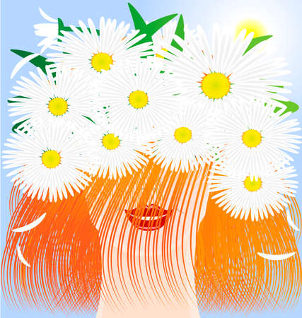 in the sun and blue sky head red-haired smiling girl wearing a crown of daisiesのイラスト素材