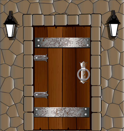 in the stone wall old wooden door, alongside two lanternのイラスト素材