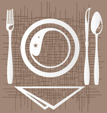 on an abstract background of a stylized outline of a dining unit: a plate, fork, knife, spoon and napkinのイラスト素材