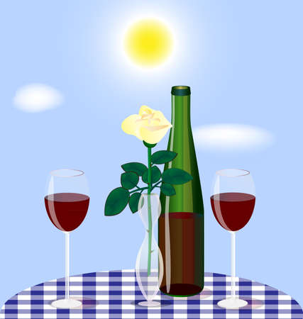against the blue sky on the table a vase with a rose, two glasses and a bottle of red wineのイラスト素材