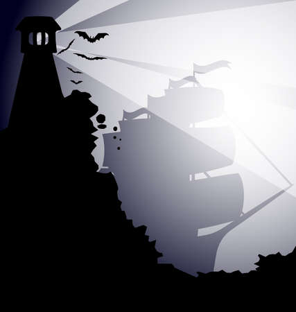 a dark gothic landscape - on the black rock lighthouses, flying bats, the fog comes up sailing shipのイラスト素材