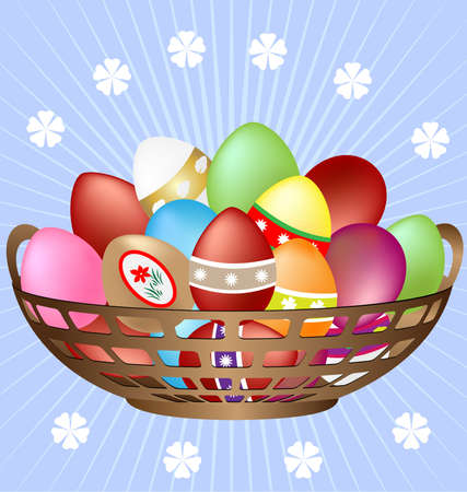 on a blue background decorated eggs in the basketのイラスト素材