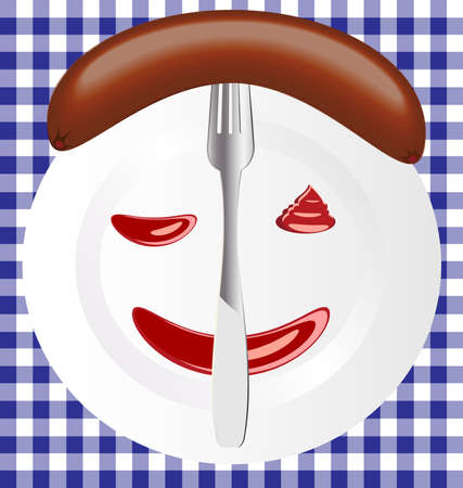 against the background of a large white dish appetizing sausage with the sauce and forkのイラスト素材