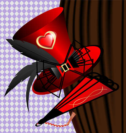 against the dark curtain big red woman's hat with feathers and fanのイラスト素材