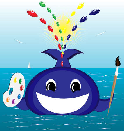 against the background seascape whale artist with brush and paletteのイラスト素材