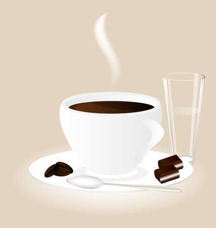 on a beige background hot cup chocolate and a glass of waterのイラスト素材