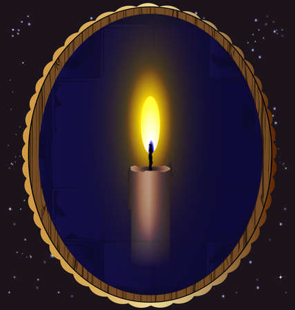 in the night sky a mirror which reflects a burning candleのイラスト素材