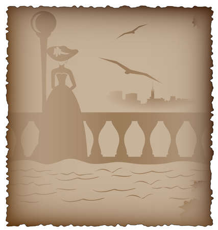 old paper with a pattern - a figure of a woman on the bridge and townのイラスト素材