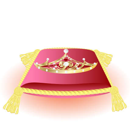 against a white background large pink pillow with gold tassels and a gold crown, decorated pearls and crystalのイラスト素材