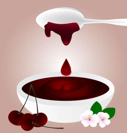 on a light background is a dish of cherry jam and large spoonのイラスト素材