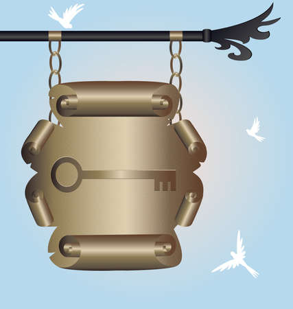 on a blue background is an old hanging sign indicating the keyのイラスト素材