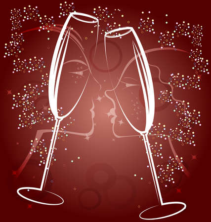 on a brown background is an abstract painting: the male and female faces in profile and two celebratory glass of champagneのイラスト素材