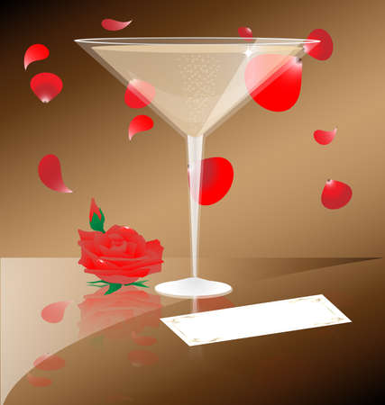 against the backdrop of falling scarlet petals have a glass of champagne next to which is a rose and a business cardのイラスト素材