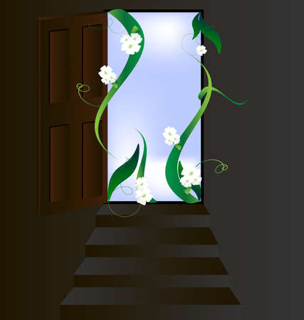 in a dark room, the door is open toward the sky and natureのイラスト素材