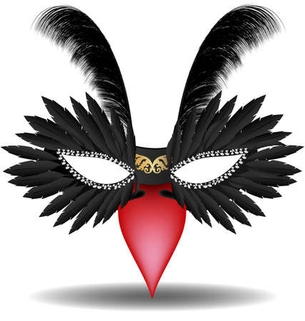 on a white background has a black half mask decorated with feathers and red beakのイラスト素材