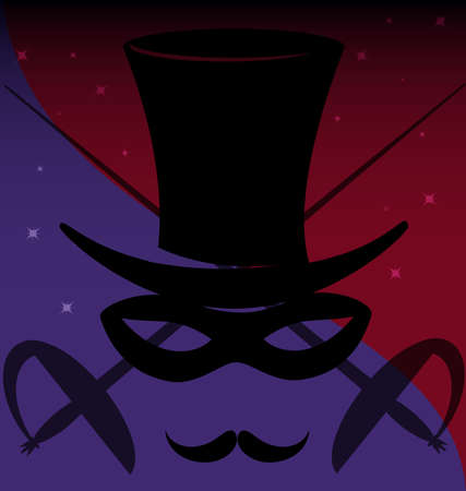 on an abstract background of a shape of the head man in a hat-cylinder and a half mask on the background of two crossed swordsのイラスト素材