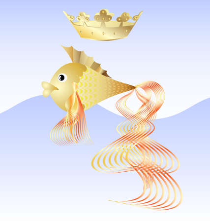 on a blue background is a goldfish with a golden crownのイラスト素材