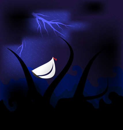 against the background of stormy mistery dark sea is a small white sailのイラスト素材