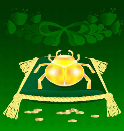 on a green background on a pillow with gold tassels is a symbol of wealth - gold beetleのイラスト素材