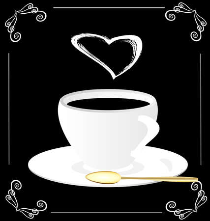 on a black background is an abstract white cup with steam in the form of heartのイラスト素材