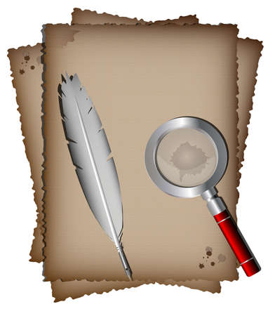 on a white background, there are three sheets of old paper, white writing pen and magnifying glassのイラスト素材