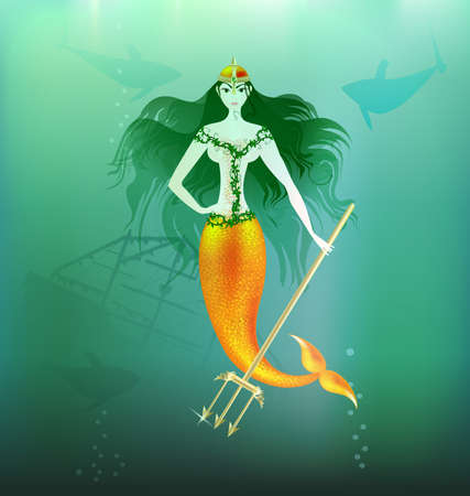 in the depths of the sea is a beautiful mermaid with a gold trident in her handのイラスト素材