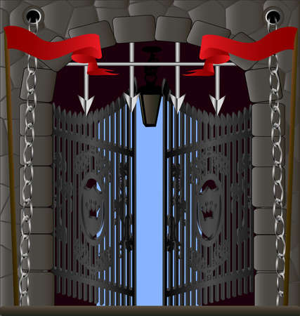 in an old stone wall is an iron gate behind bars, a drawbridge and festive flagsのイラスト素材