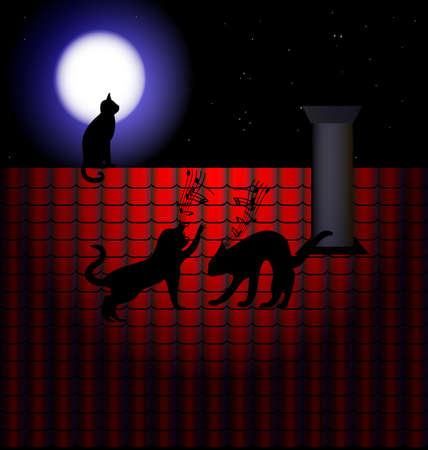 against the starry sky has a red tile roof, where they fight two catsのイラスト素材