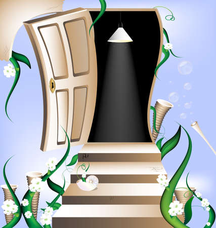 against the blue cloudy sky and the flowers have a staircase leading to the open door into the darknessのイラスト素材