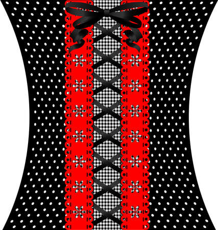 black lacing between red lace and black-white fabric with patternのイラスト素材