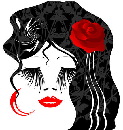 on a white background is outlines woman's face with red rose in her black hairのイラスト素材