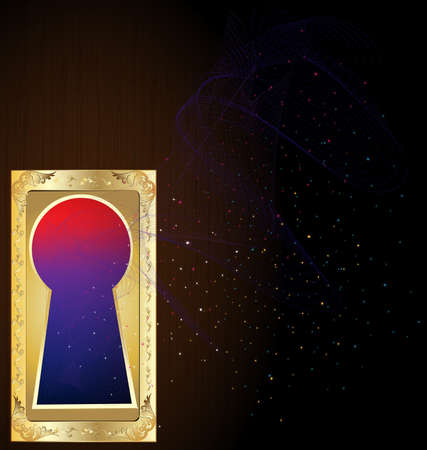 abstract decorative golden keyhole into a wooden doorのイラスト素材