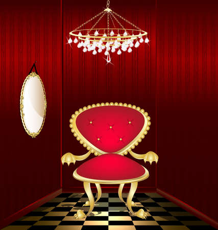 in a narrow red room with crystal chandelier and the mirror has a ceremonial old red-golden armchairのイラスト素材