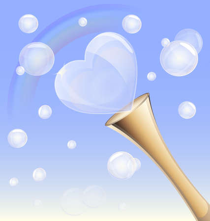 in the blue sky is a rainbow and a lot of bubbles, bubble blowing tube is in the form of heartのイラスト素材