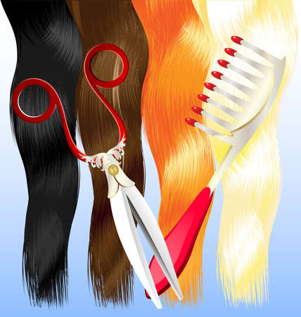 on a blue background are a red, black, brown, blonde hair and large comb and scissorsのイラスト素材