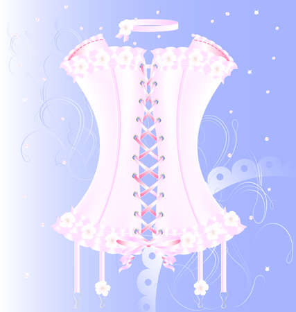 on a blue background is a big white-pink corset decorated with pearl, lace and flowersのイラスト素材