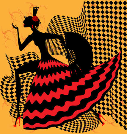 on yellow bacground is an abstract black-red silhouette flamenco dancerのイラスト素材