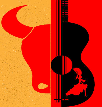 on red-yellow background are abstract silhouettes of Spanish dancer, bull and guitarのイラスト素材
