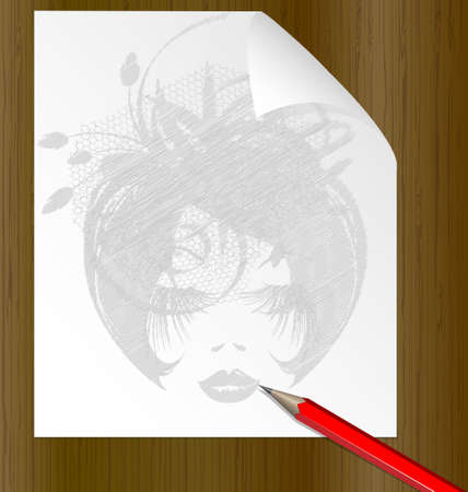 red pencil, sheet of paper and the image of a dameのイラスト素材