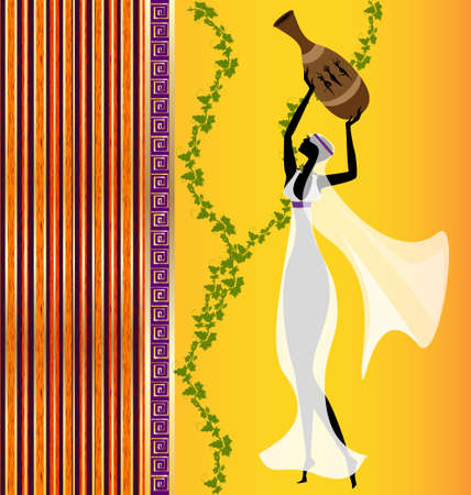 on an abstract yellow background is stylish girl in white with a vase and grapesのイラスト素材