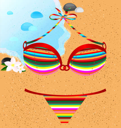 on a beach is lady s  many-colored swimsuit  pants and braのイラスト素材