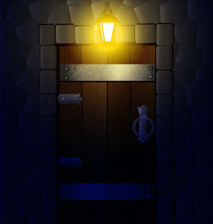 in the stone wall are old wooden door and lanternのイラスト素材