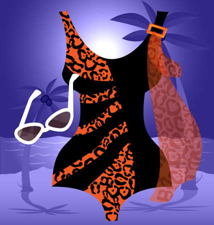 on a beach is lady s black-orange swimsuit with glassesのイラスト素材