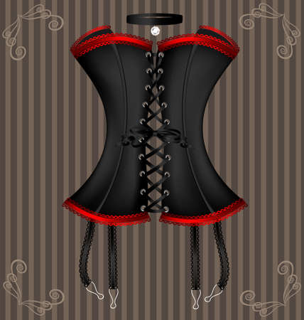 on a vintage background is a big black corset decorated with red laceのイラスト素材