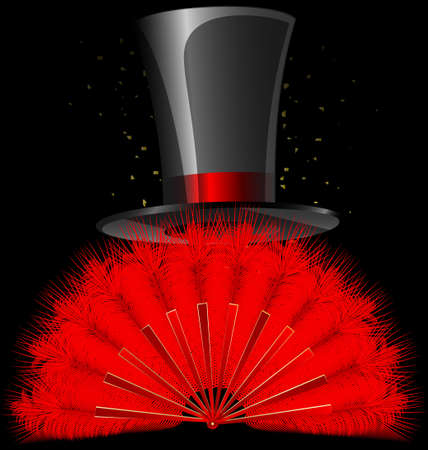 on a dark background are red feathres fan and old-fashioned top-hatのイラスト素材
